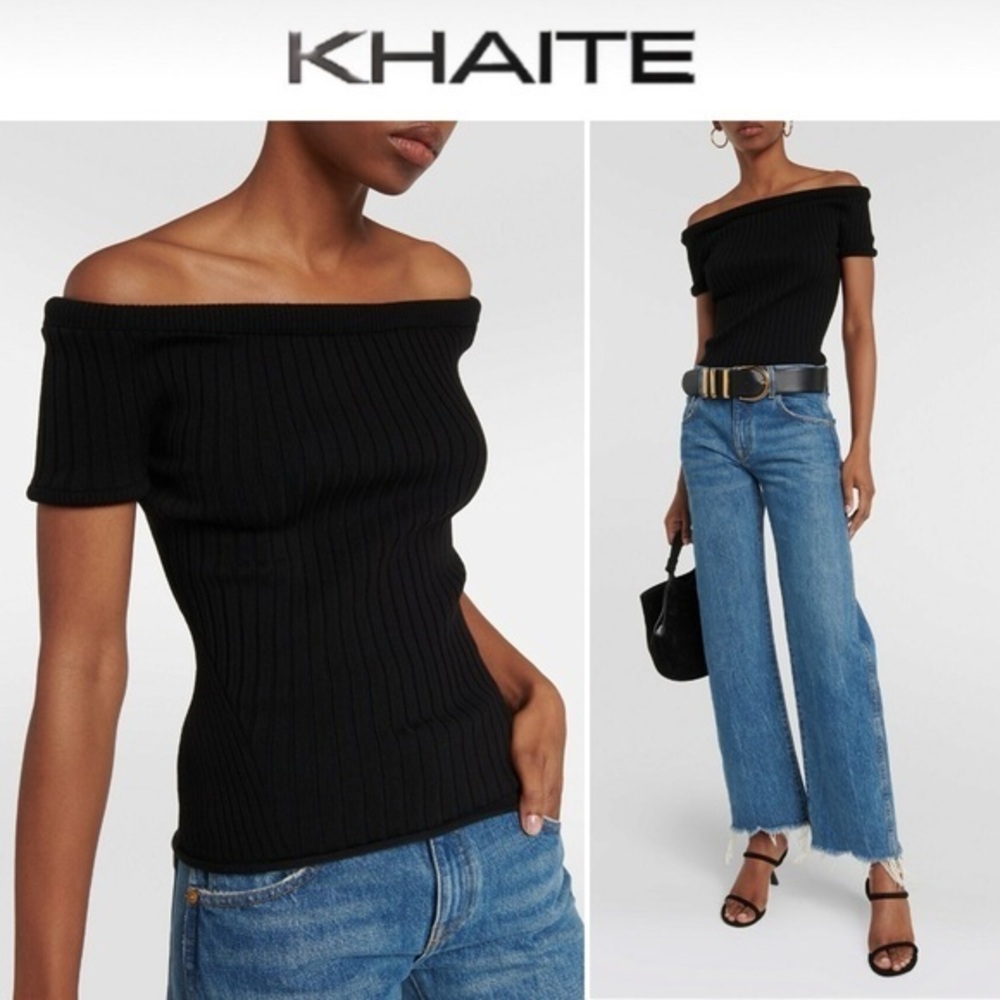KHAITE The Ricki Off-The-Shoulder Wool-Blend Top in Black sz S 1480$